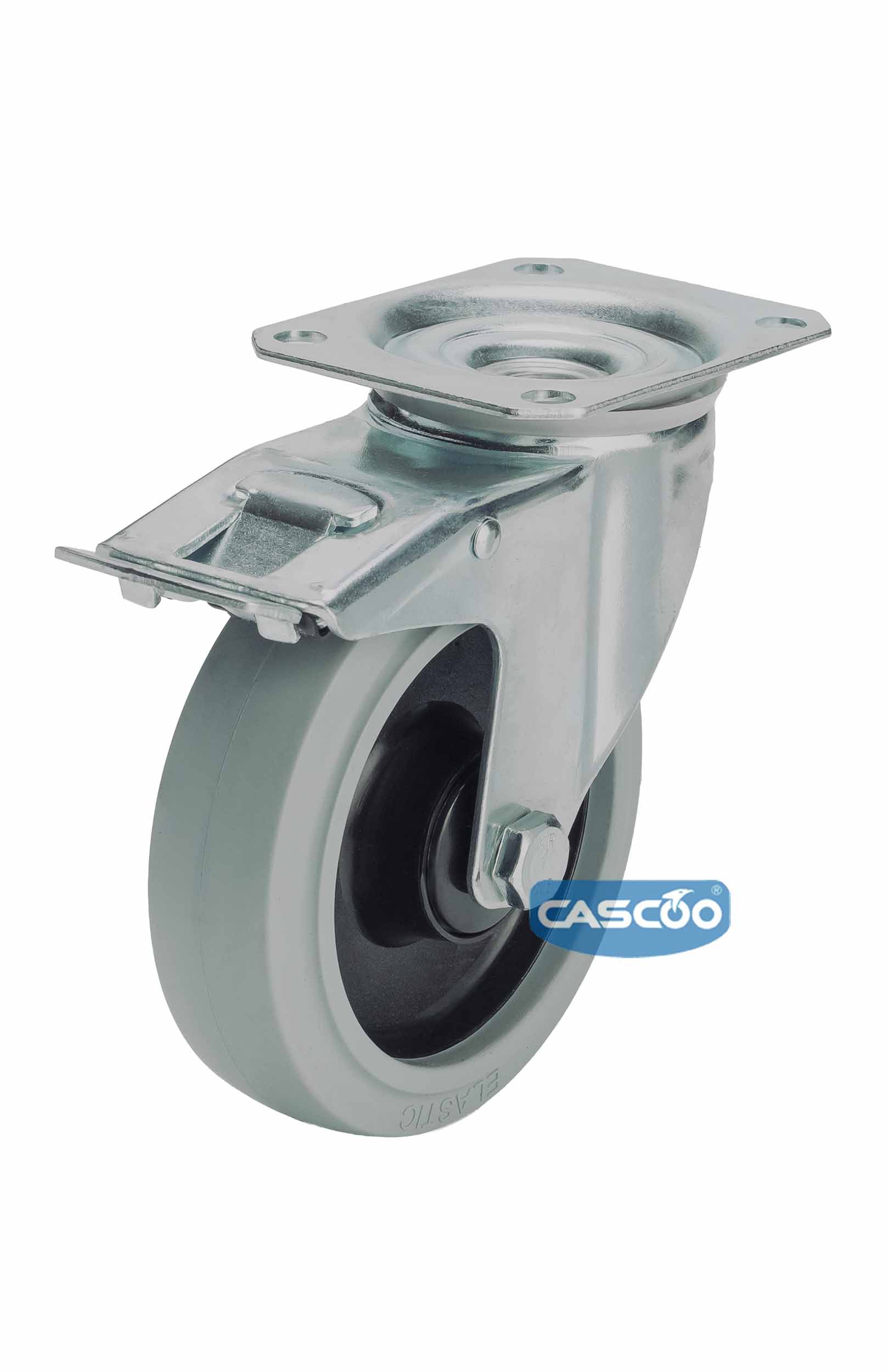 Колесо CASCOO поворотное с тормозом (d=125мм, г/п=250кг), серая резина / полиамид, Германия
