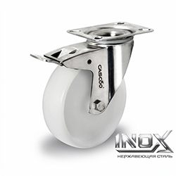 Колесо CASCOO поворотное с тормозом из нержавейки, (d=100мм, г/п=150кг) полиамид, Германия