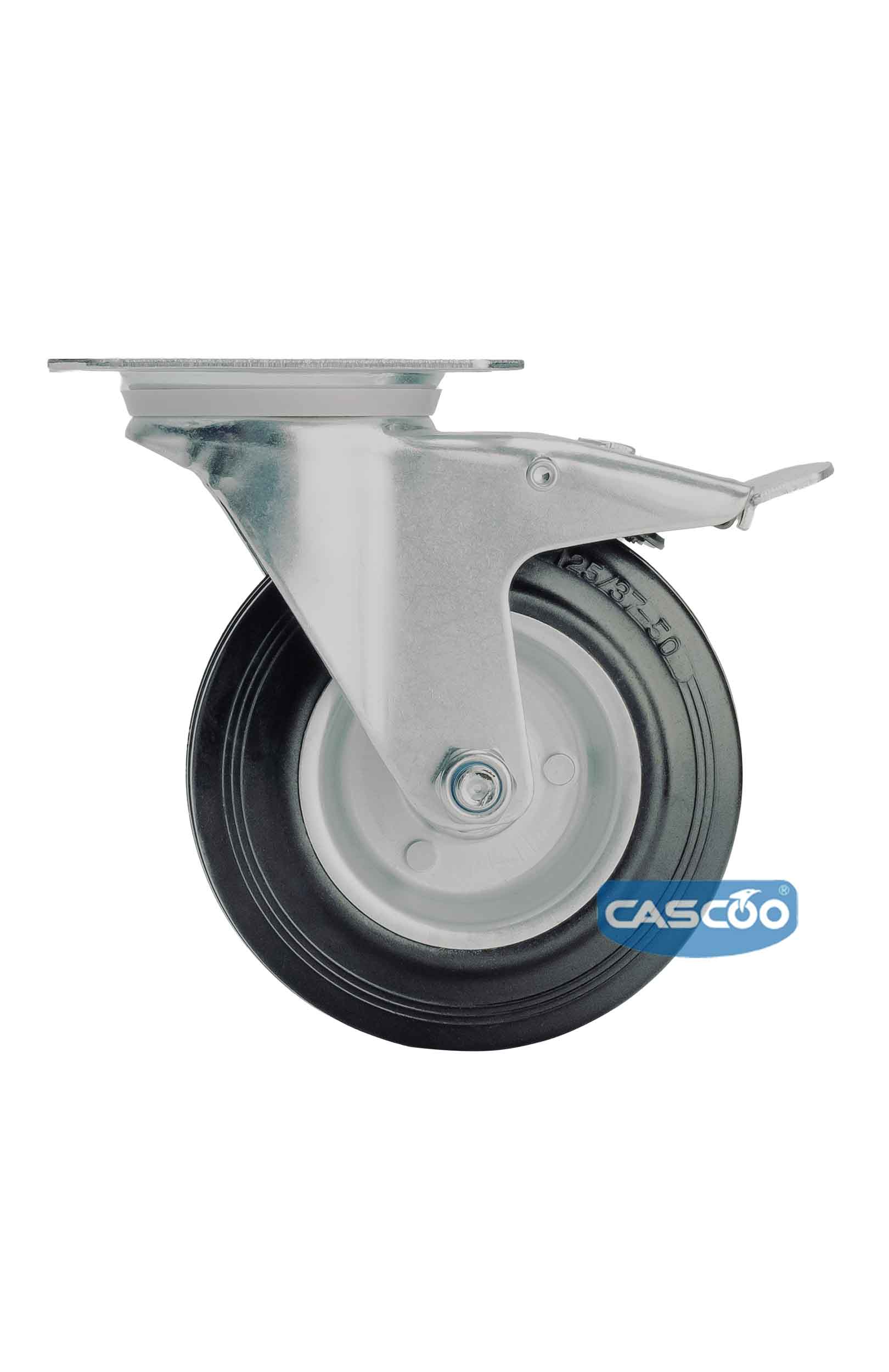 Колесо CASCOO поворотное с тормозом, (d=125мм, г/п=100кг) резина/сталь, Германия