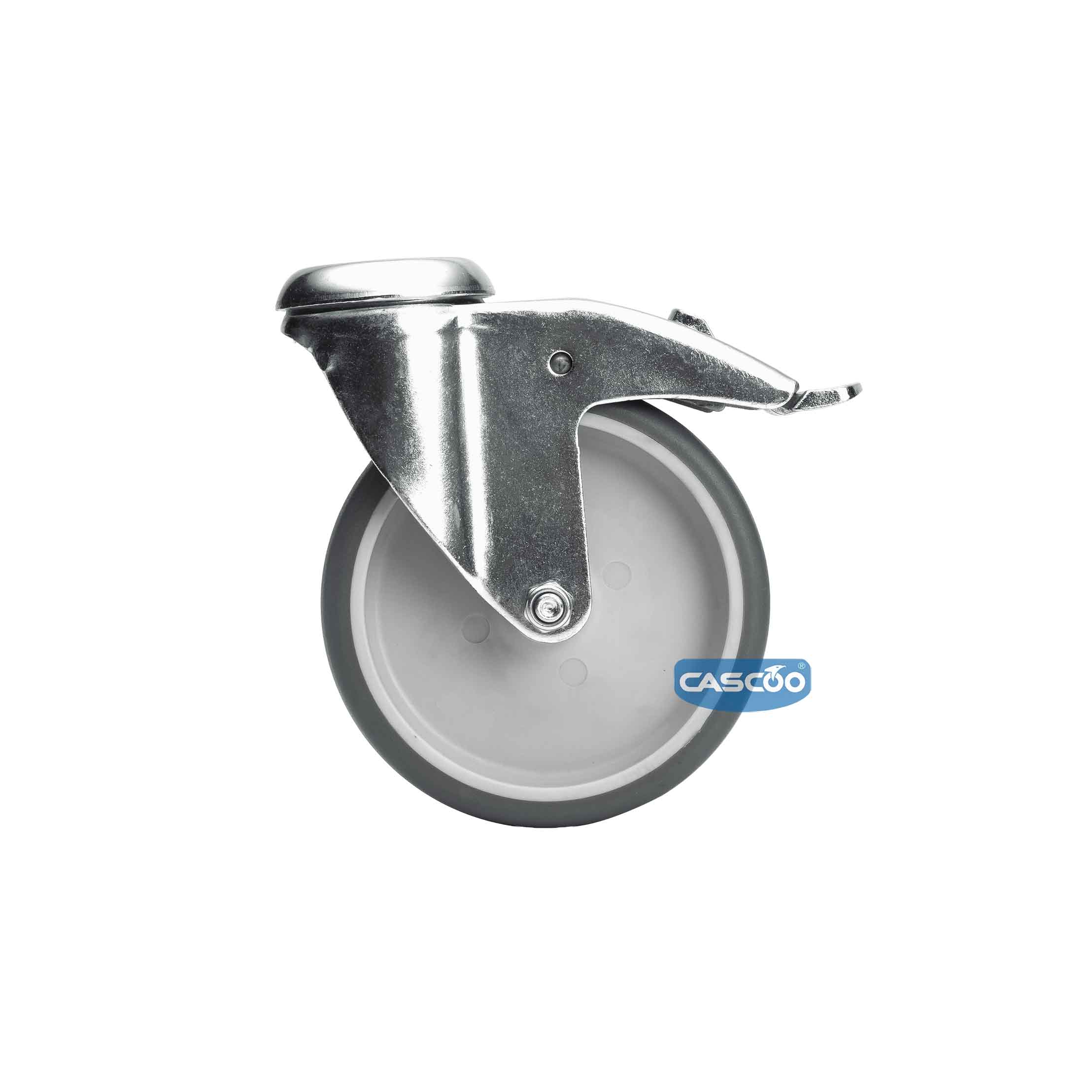 Колесо CASCOO поворотное с тормозом, (d=125мм, г/п=100кг) термопластичная резина / полипропилен, Германия
