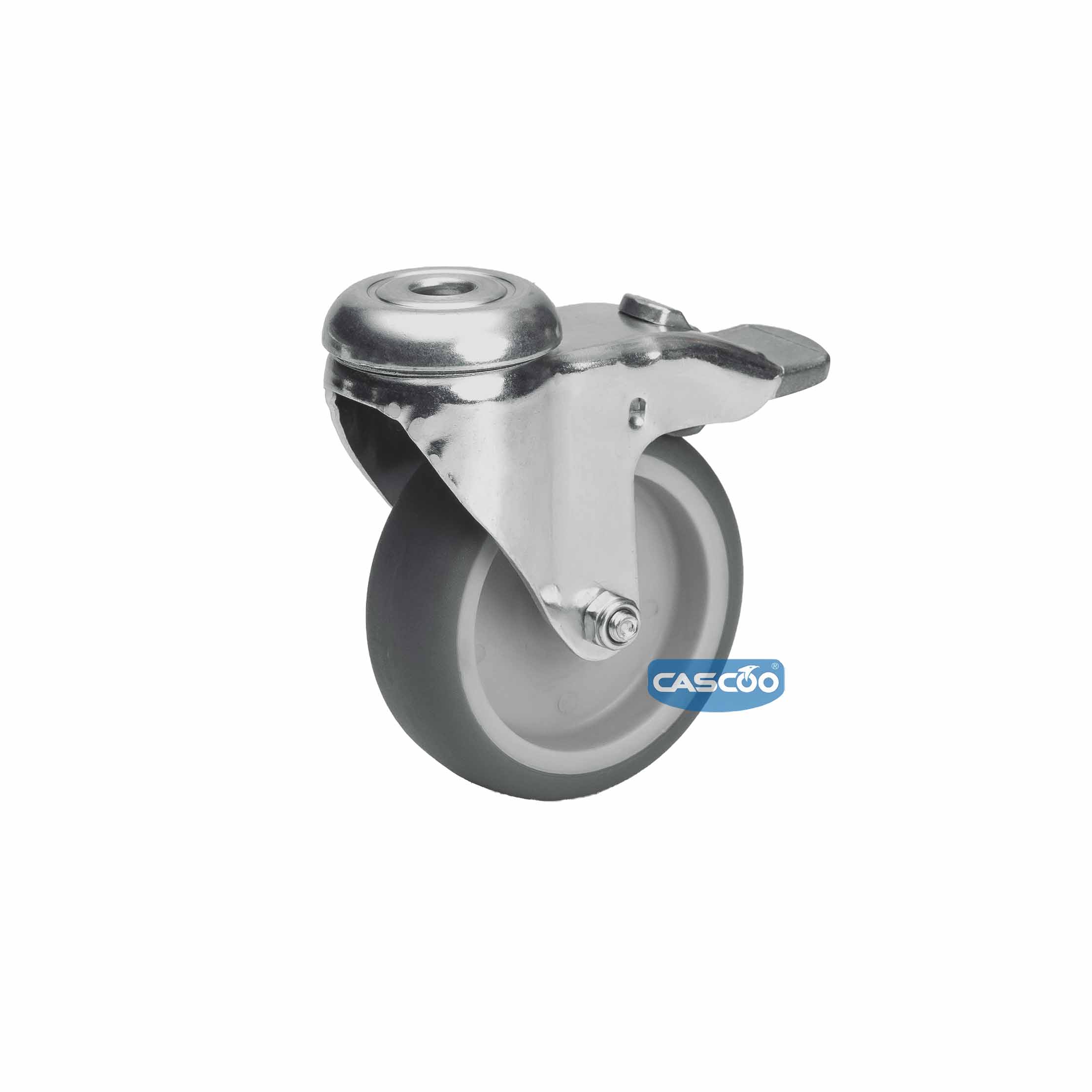 Колесо CASCOO поворотное с тормозом, (d=75мм, г/п=75кг) термопластичная резина / полипропилен, Германия