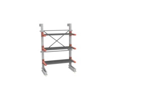 Односекционный односторонний консольный стеллаж с 3 уровнями консолей с настилом