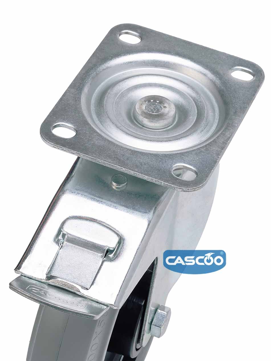 Колесо CASCOO поворотное с тормозом (d=200мм, г/п=350кг), серая резина / полиамид, Германия