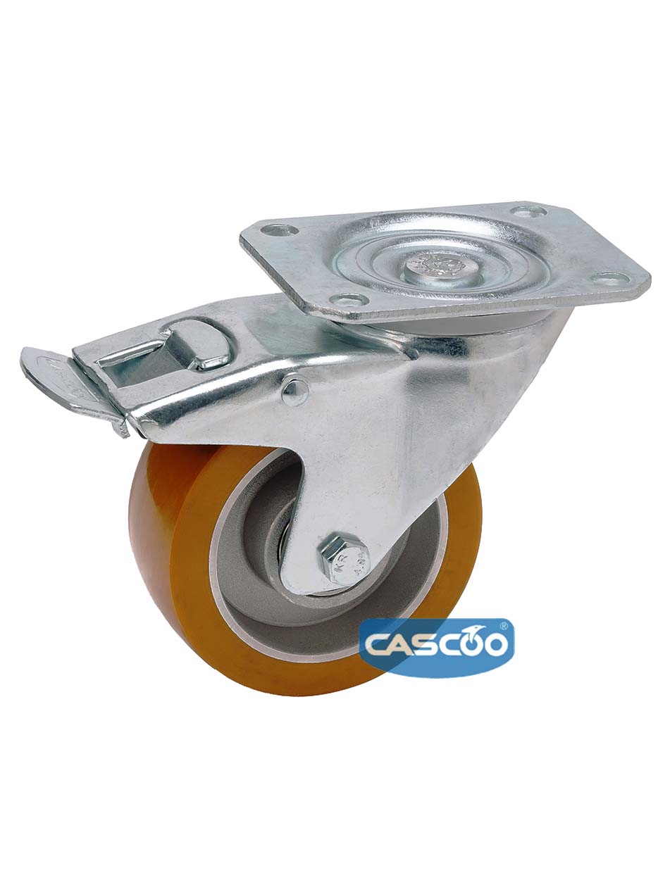 Колесо CASCOO поворотное с тормозом, (d=100мм, г/п=250кг) полиуретан/алюминий, Германия