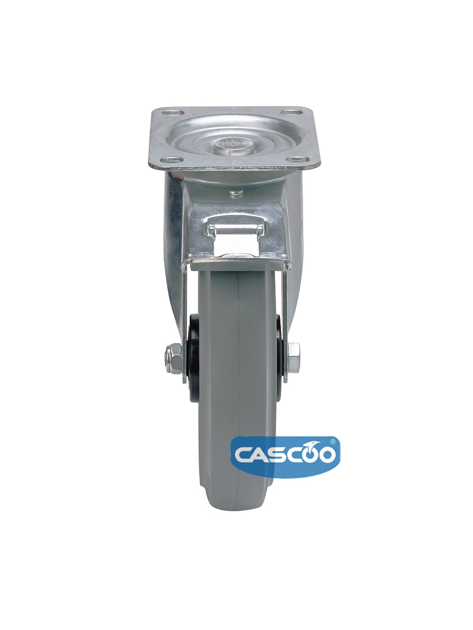 Колесо CASCOO поворотное с тормозом (d=200мм, г/п=350кг), серая резина / полиамид, Германия
