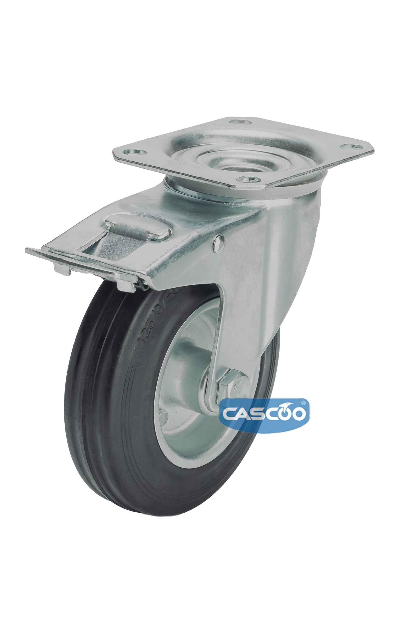 Колесо CASCOO поворотное с тормозом, (d=125мм, г/п=100кг) резина/сталь, Германия