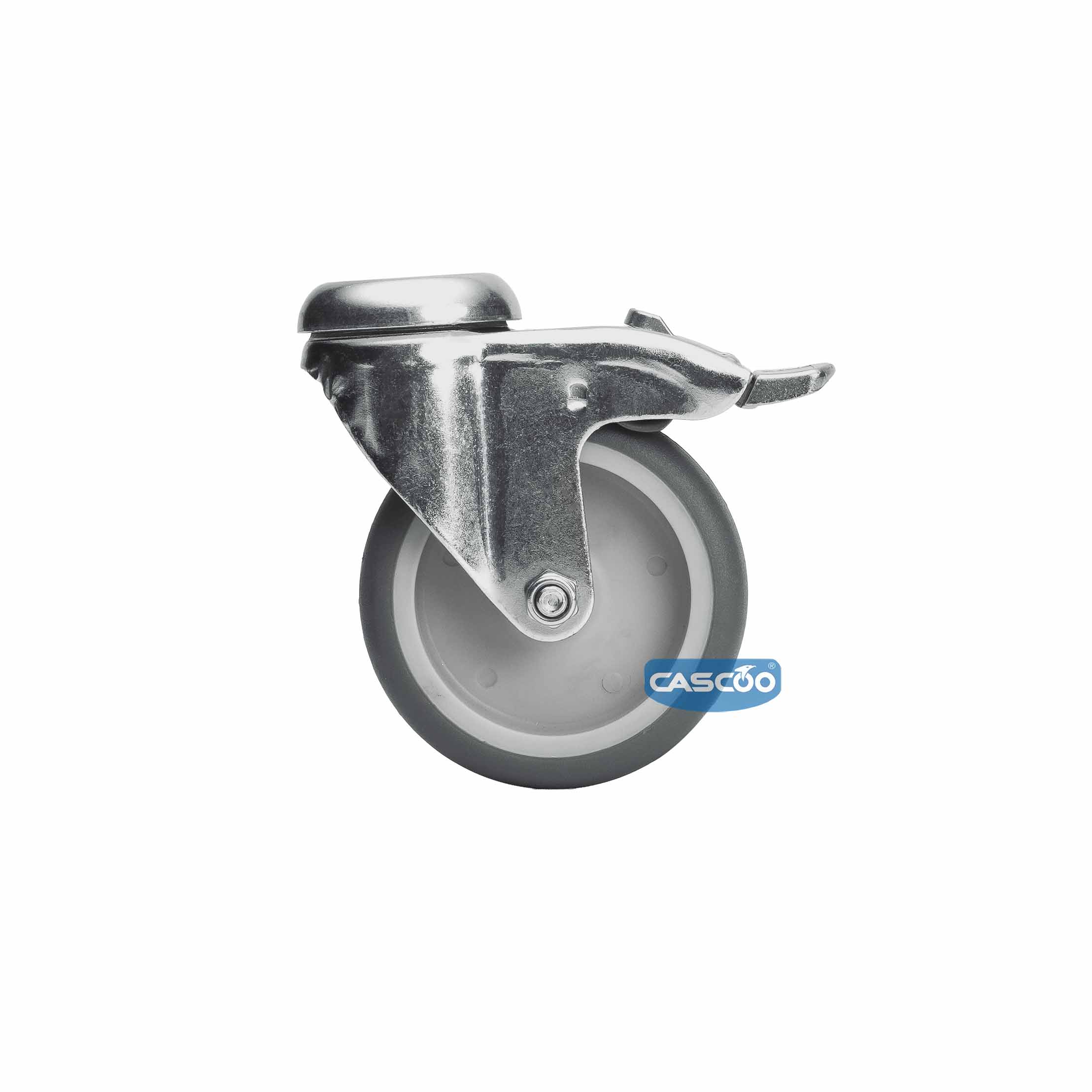 Колесо CASCOO поворотное с тормозом, (d=75мм, г/п=75кг) термопластичная резина / полипропилен, Германия