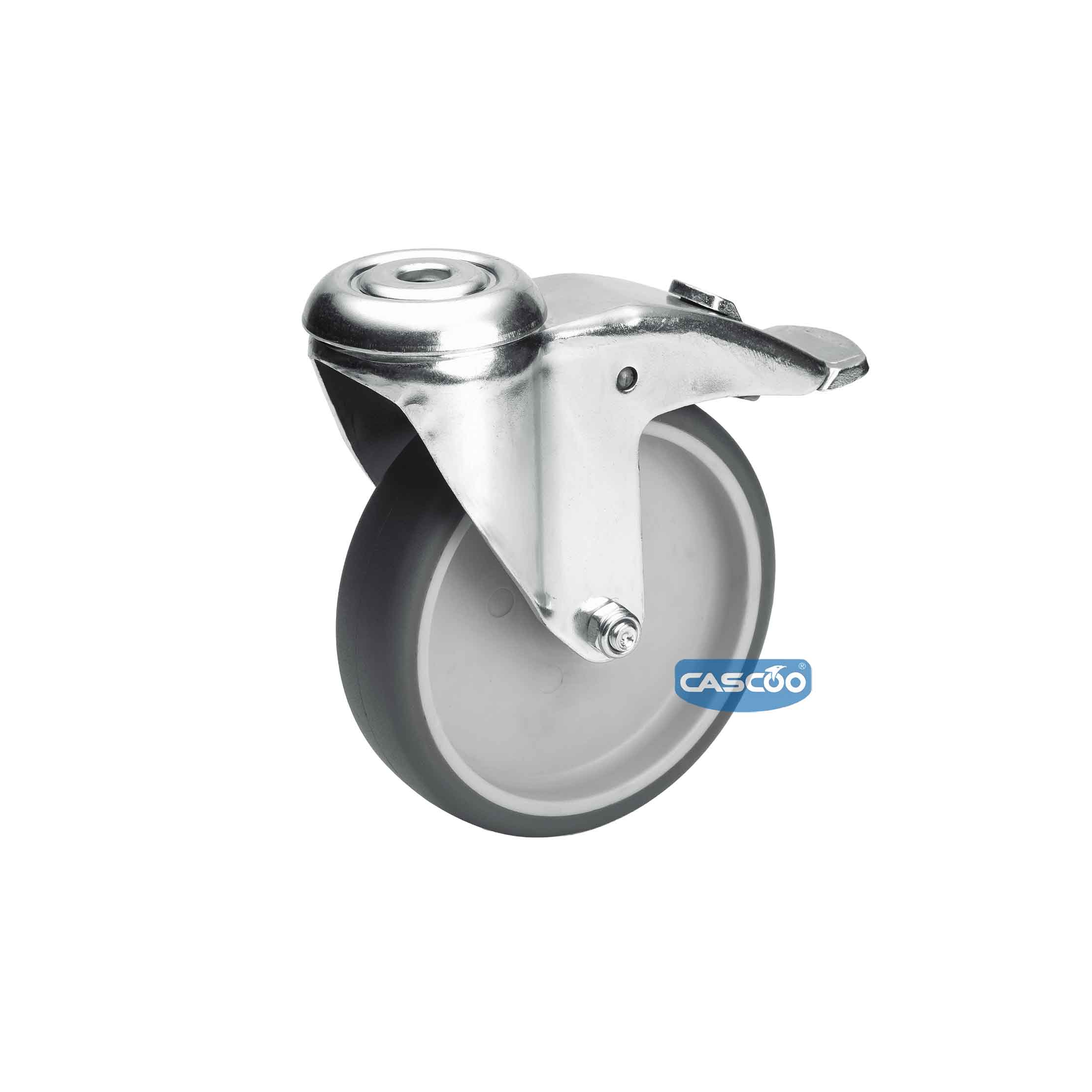 Колесо CASCOO поворотное с тормозом, (d=125мм, г/п=100кг) термопластичная резина / полипропилен, Германия