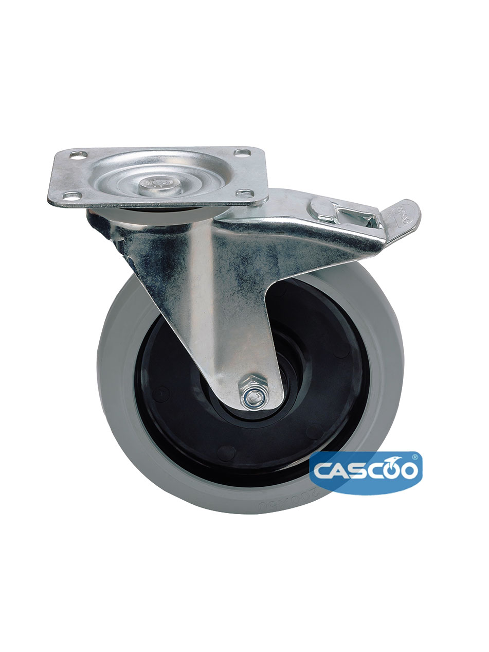 Колесо CASCOO поворотное с тормозом (d=160мм, г/п=300кг), серая резина / полиамид, Германия