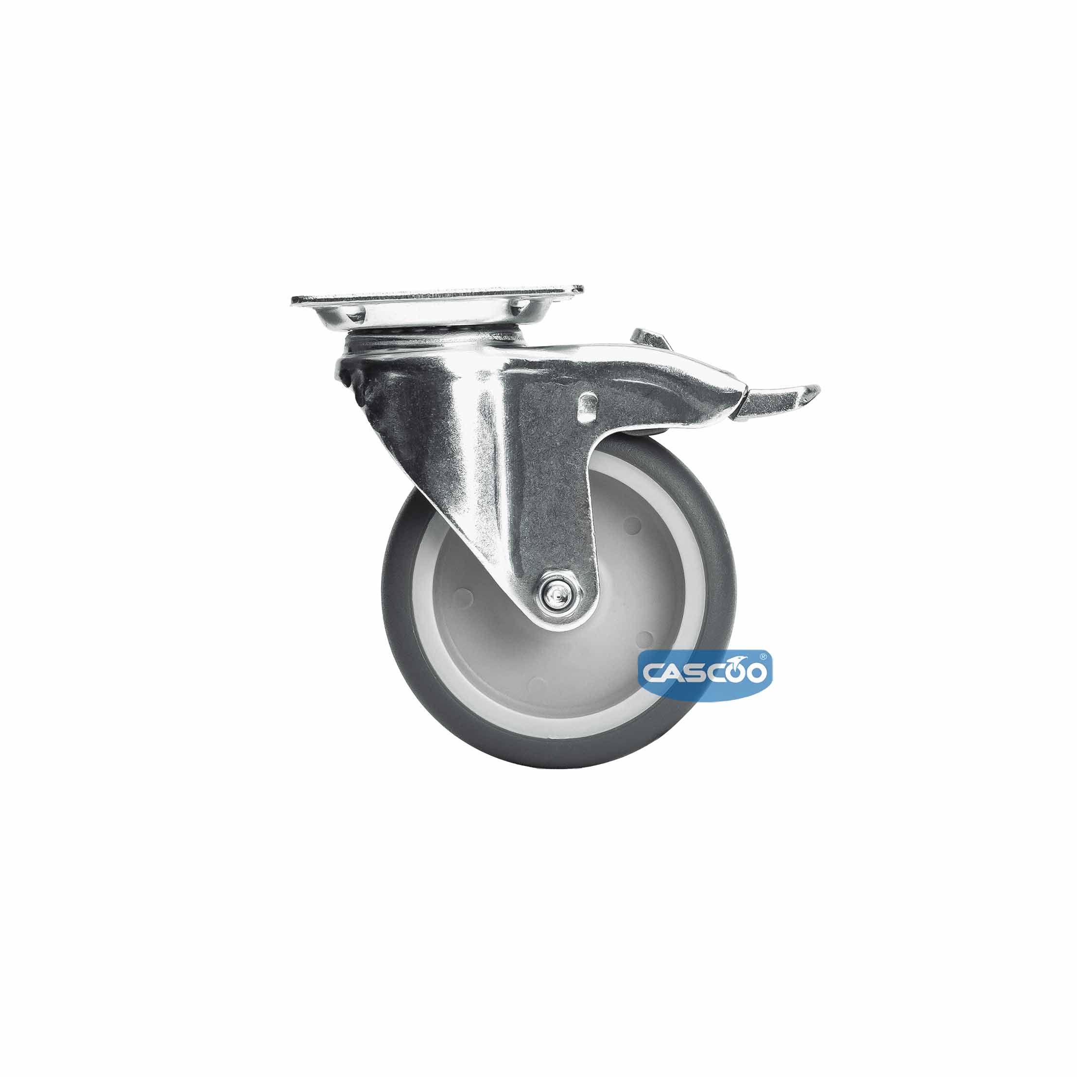 Колесо CASCOO поворотное с тормозом, (d=75мм, г/п=75кг) термопластичная резина / полипропилен, Германия: