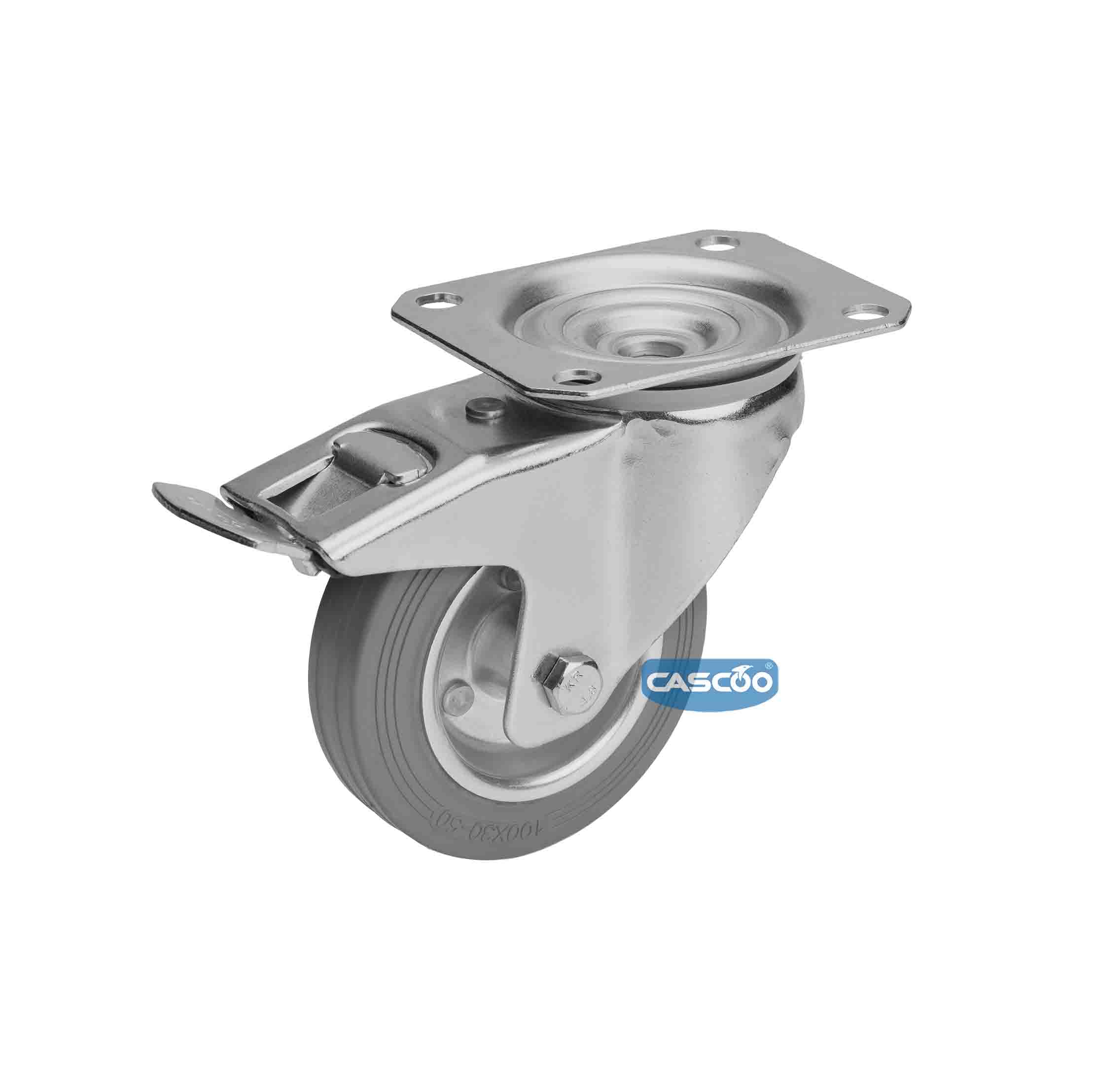 Колесо CASCOO поворотное с тормозом, (d=100мм, г/п=75г) серая резина/сталь, Германия