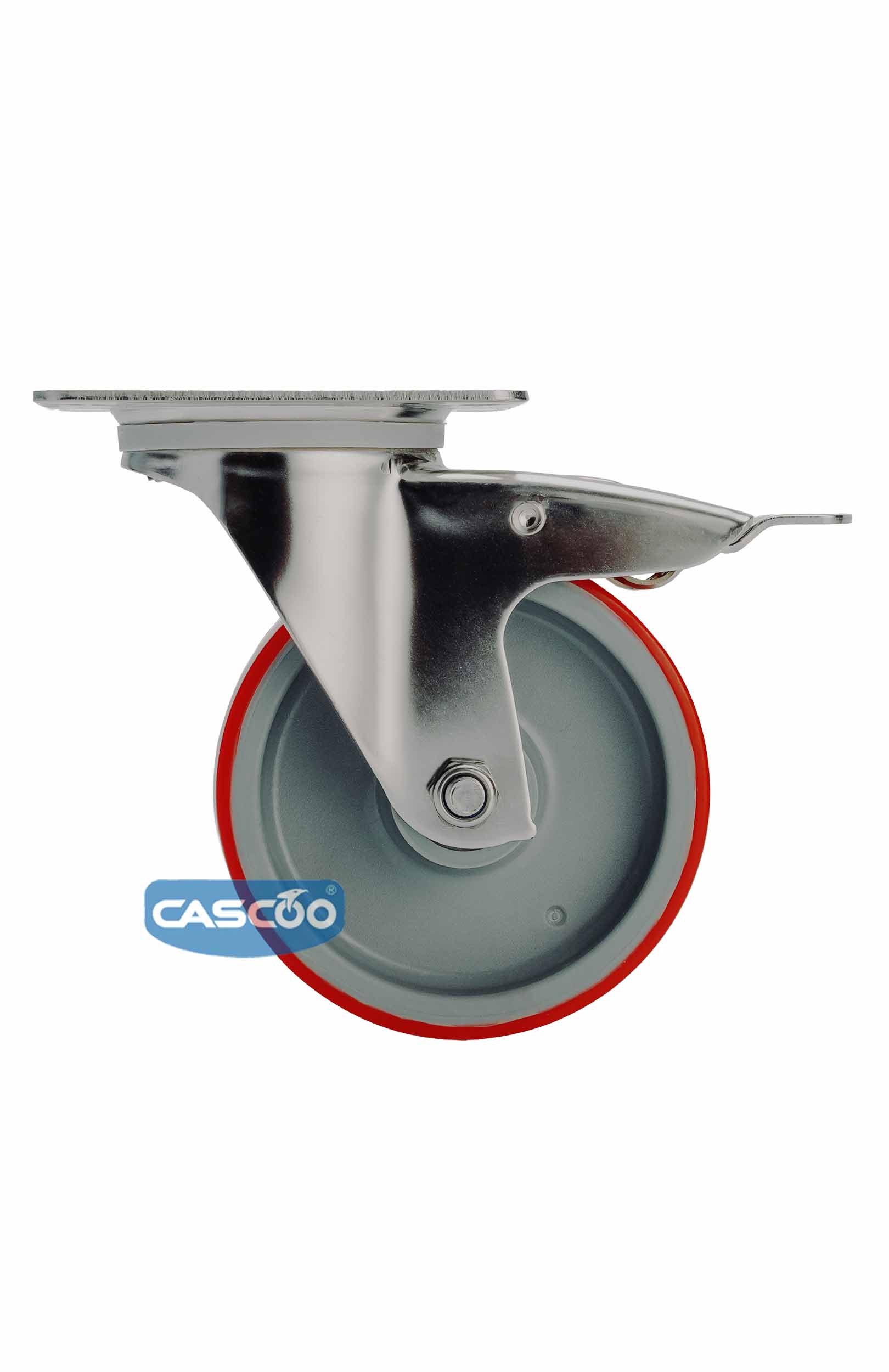Колесо CASCOO поворотное с тормозом из нержавейки (d=100мм, г/п=150кг), полиуретан / полиамид, Германия