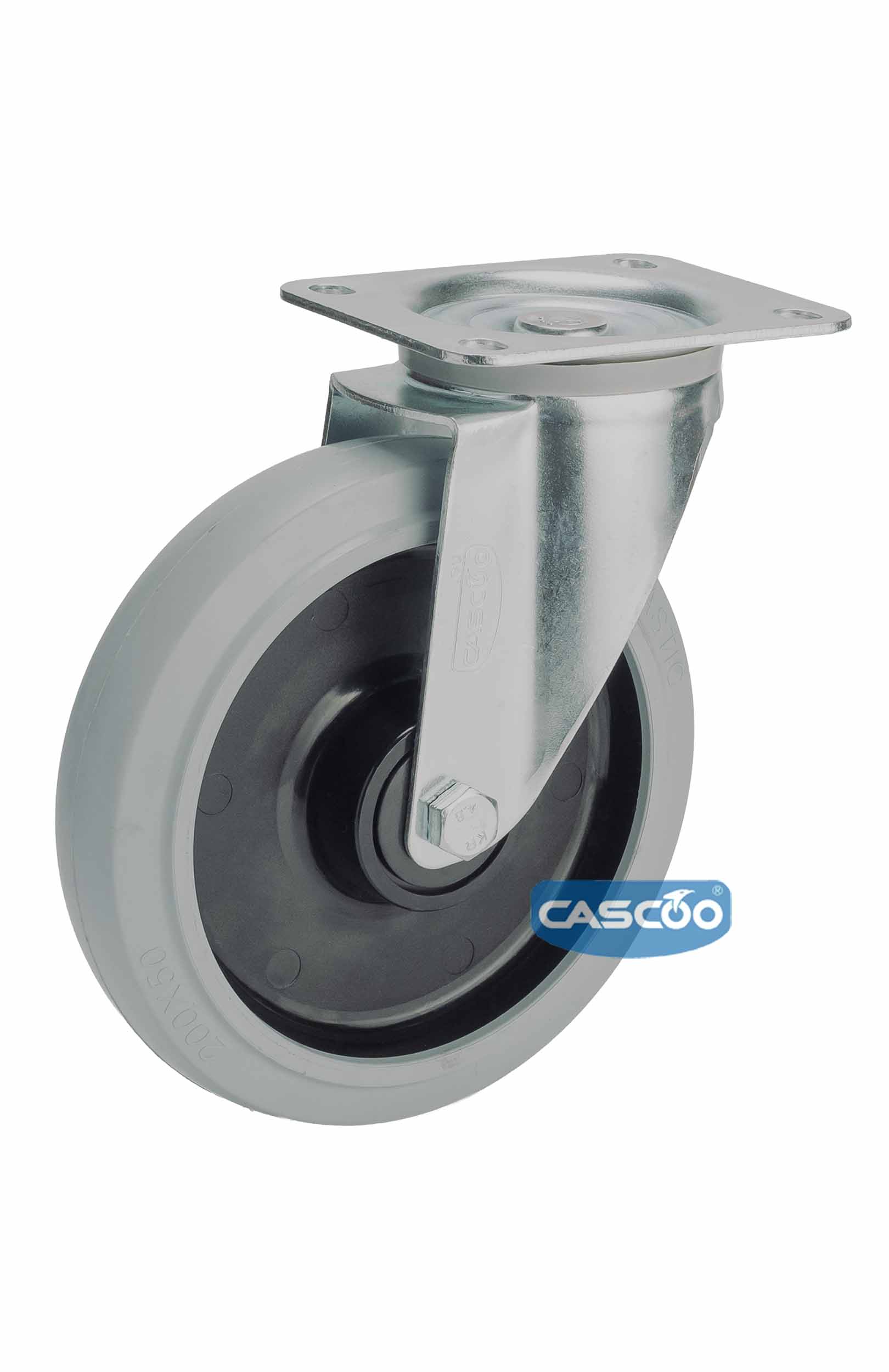 Колесо CASCOO поворотное (d=200мм, г/п=350кг), серая резина / полиамид, Германия