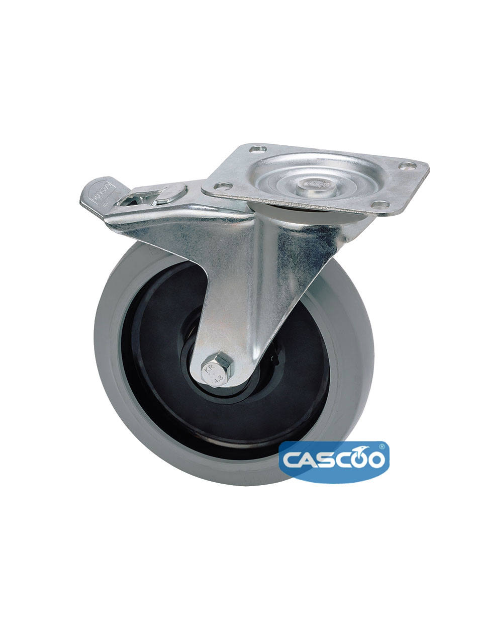 Колесо CASCOO поворотное с тормозом (d=160мм, г/п=300кг), серая резина / полиамид, Германия