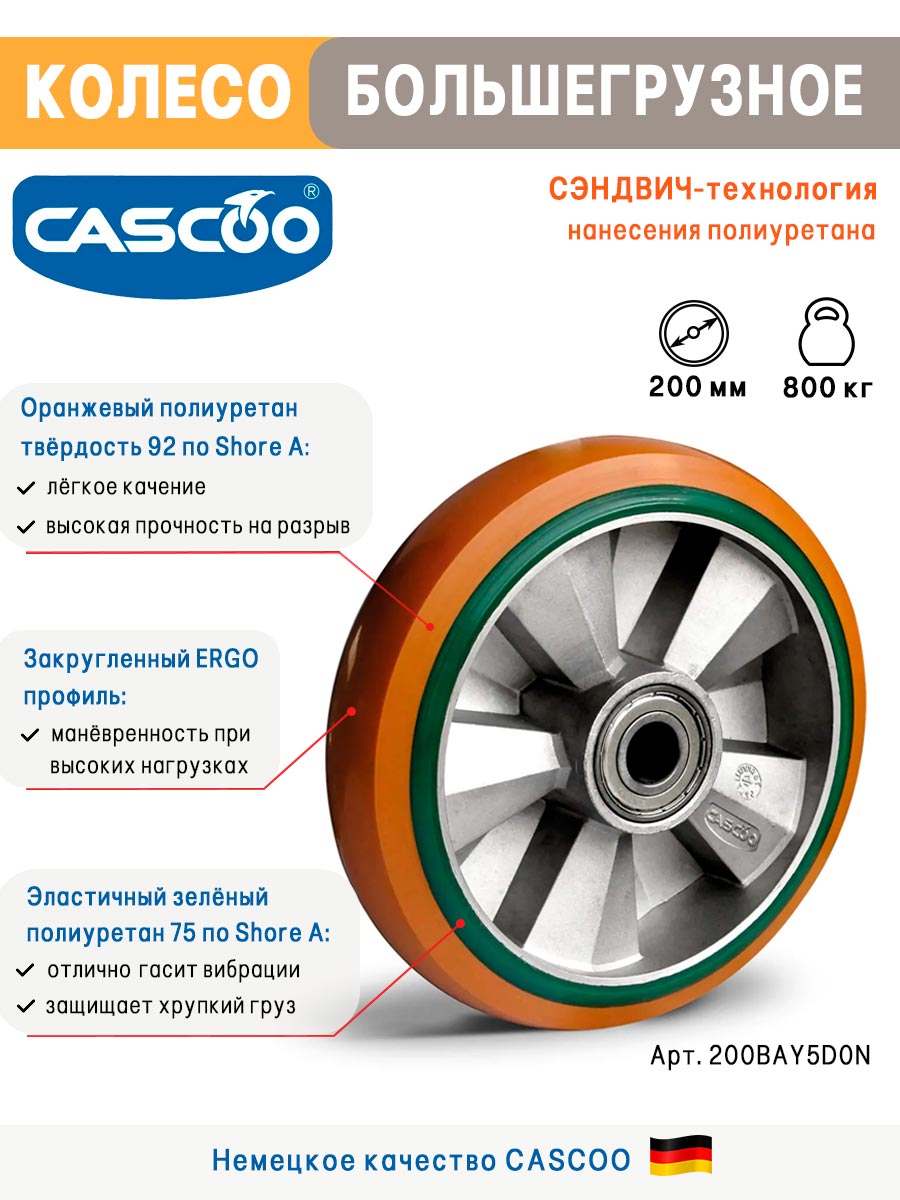 Колесо CASCOO поворотное с тормозом, (d=200мм, г/п=700кг) СЭНДВИЧ полиуретан/алюминий, Германия