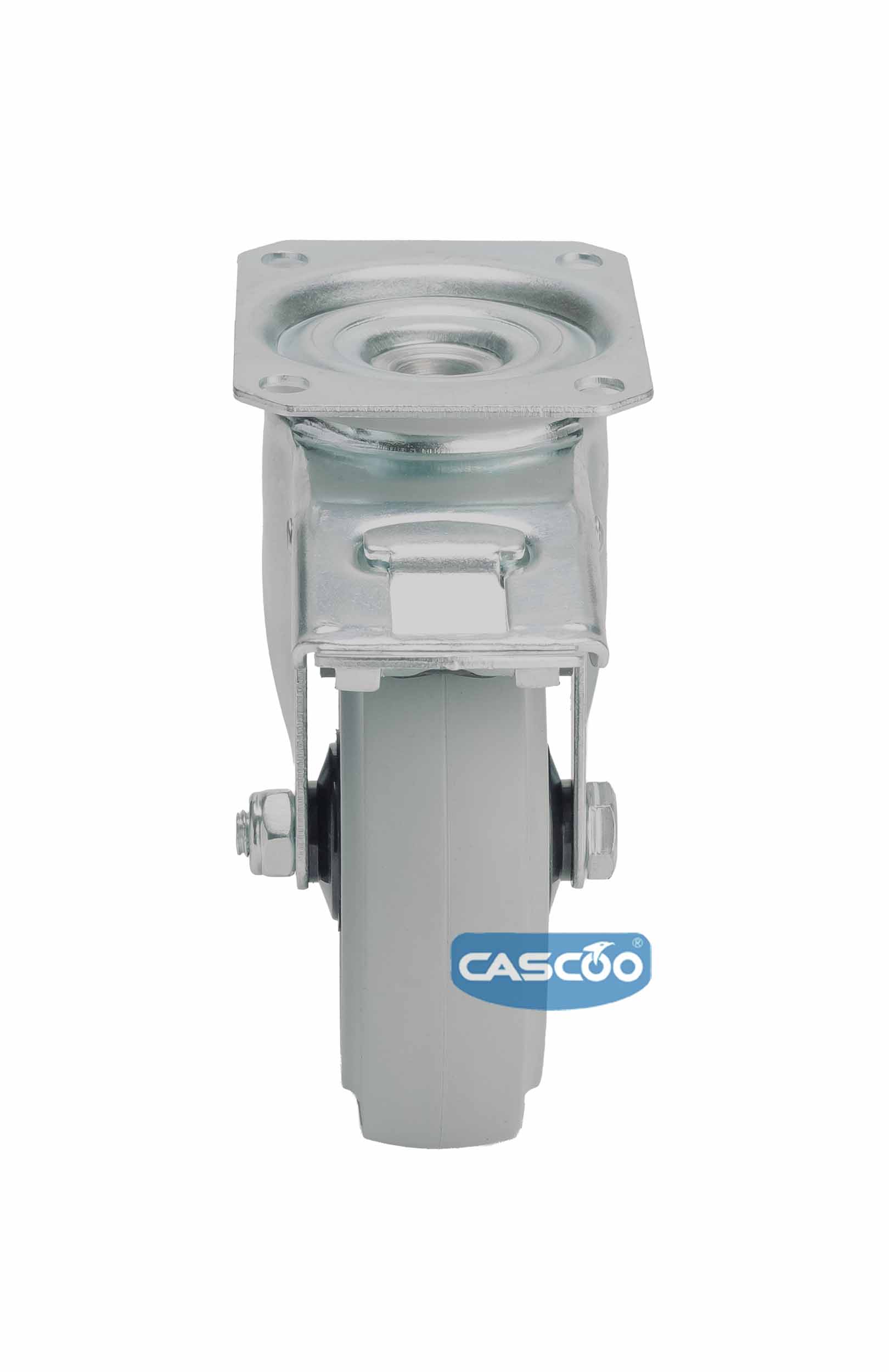 Колесо CASCOO поворотное с тормозом (d=125мм, г/п=250кг), серая резина / полиамид, Германия