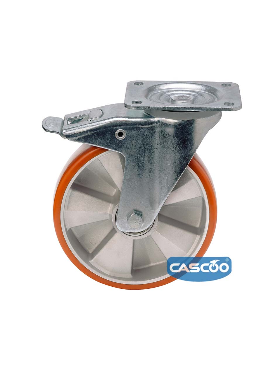 Колесо CASCOO поворотное с тормозом, (d=200мм, г/п=700кг) полиуретан/алюминий, Германия