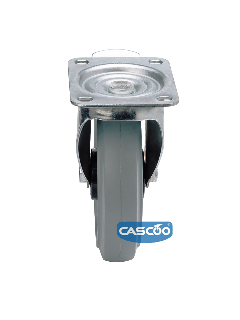 Колесо CASCOO поворотное с тормозом (d=200мм, г/п=350кг), серая резина / полиамид, Германия