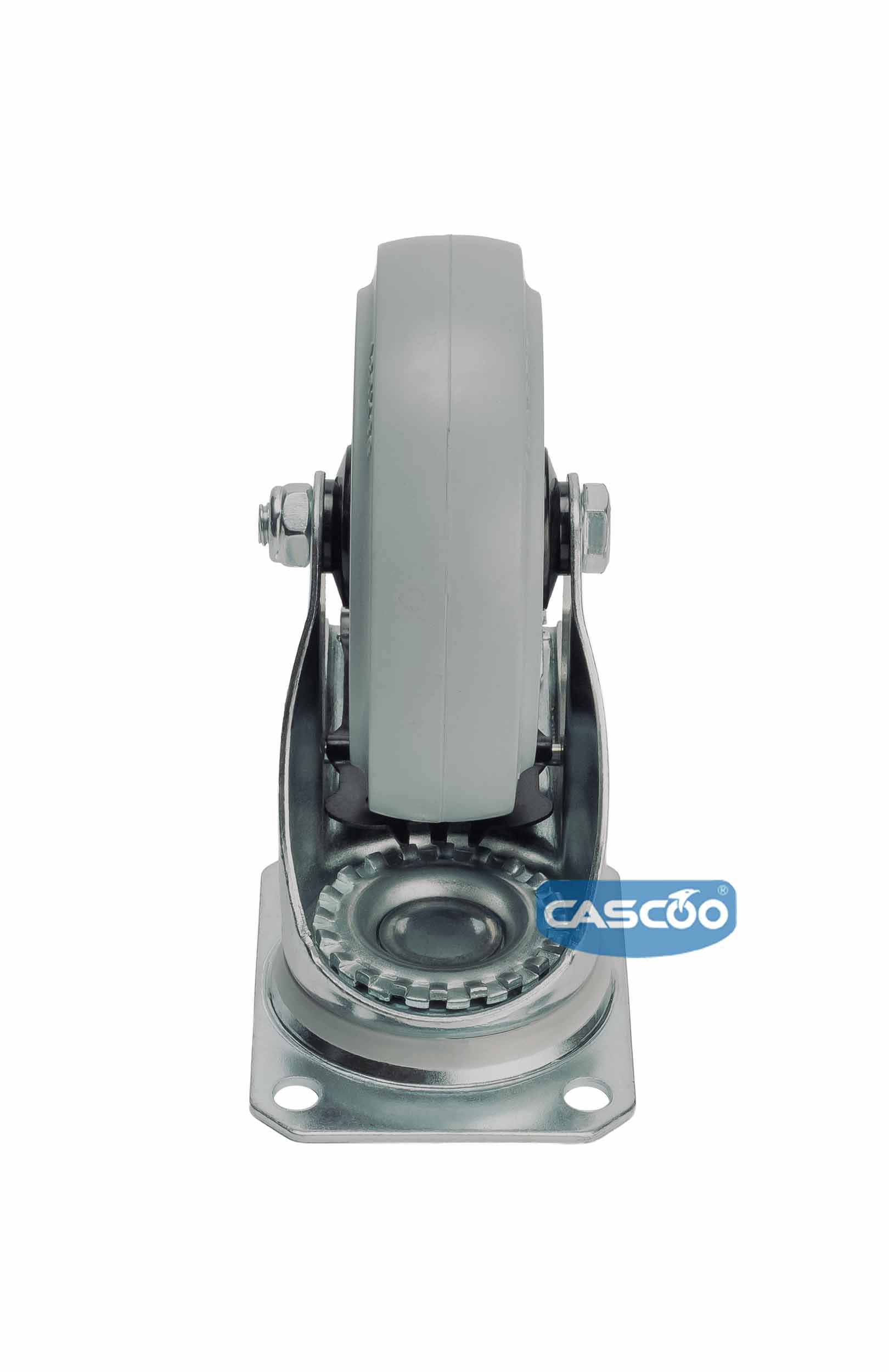 Колесо CASCOO поворотное с тормозом (d=125мм, г/п=250кг), серая резина / полиамид, Германия