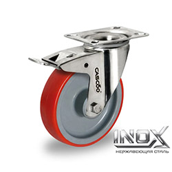 Колесо CASCOO поворотное с тормозом из нержавейки (d=160мм, г/п=300кг), полиуретан / полиамид, Германия