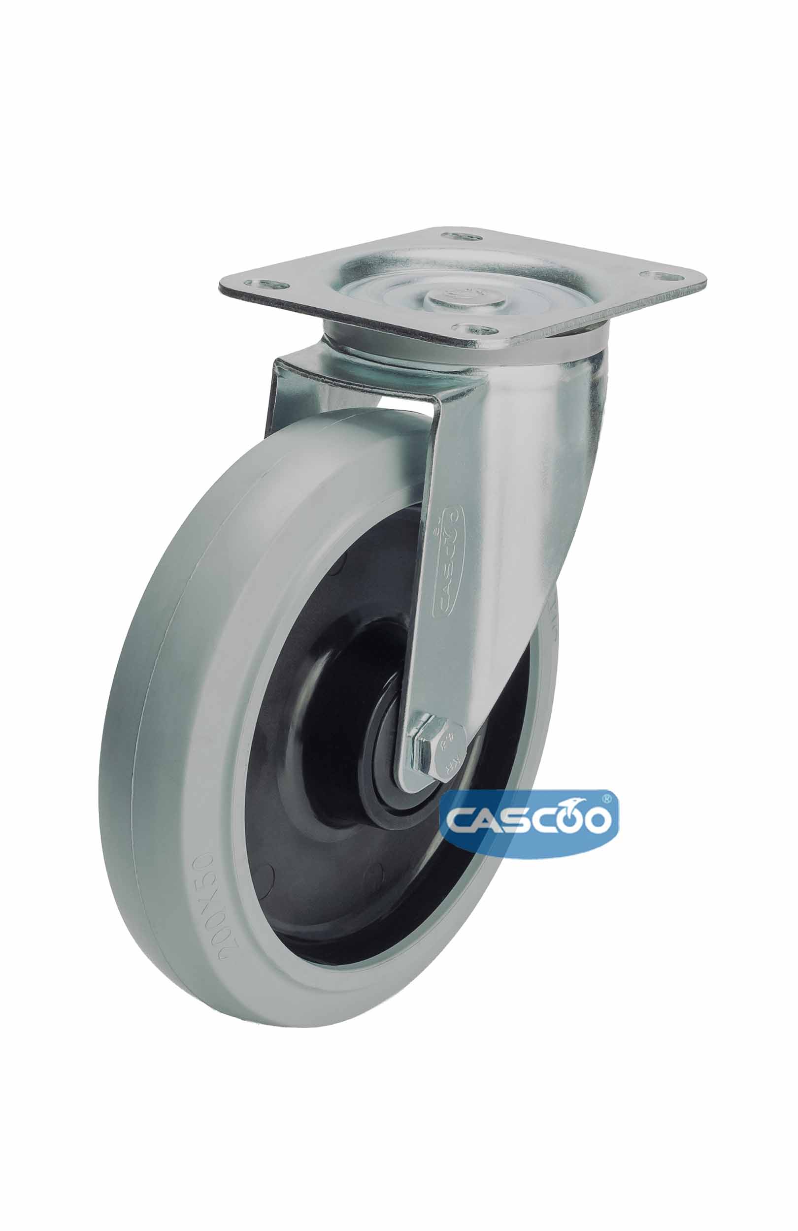 Колесо CASCOO поворотное (d=200мм, г/п=350кг), серая резина / полиамид, Германия