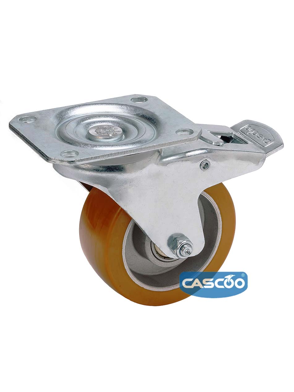 Колесо CASCOO поворотное с тормозом, (d=100мм, г/п=250кг) полиуретан/алюминий, Германия