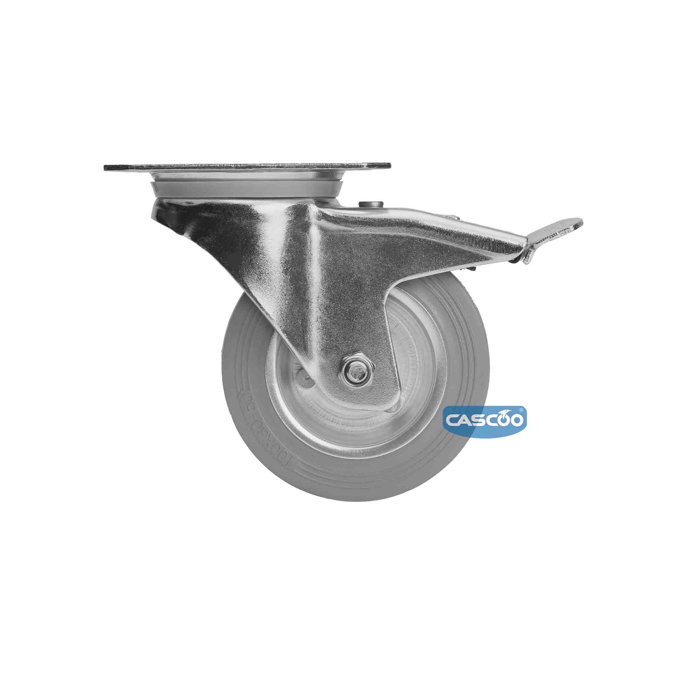 Колесо CASCOO поворотное с тормозом, (d=100мм, г/п=75г) серая резина/сталь, Германия