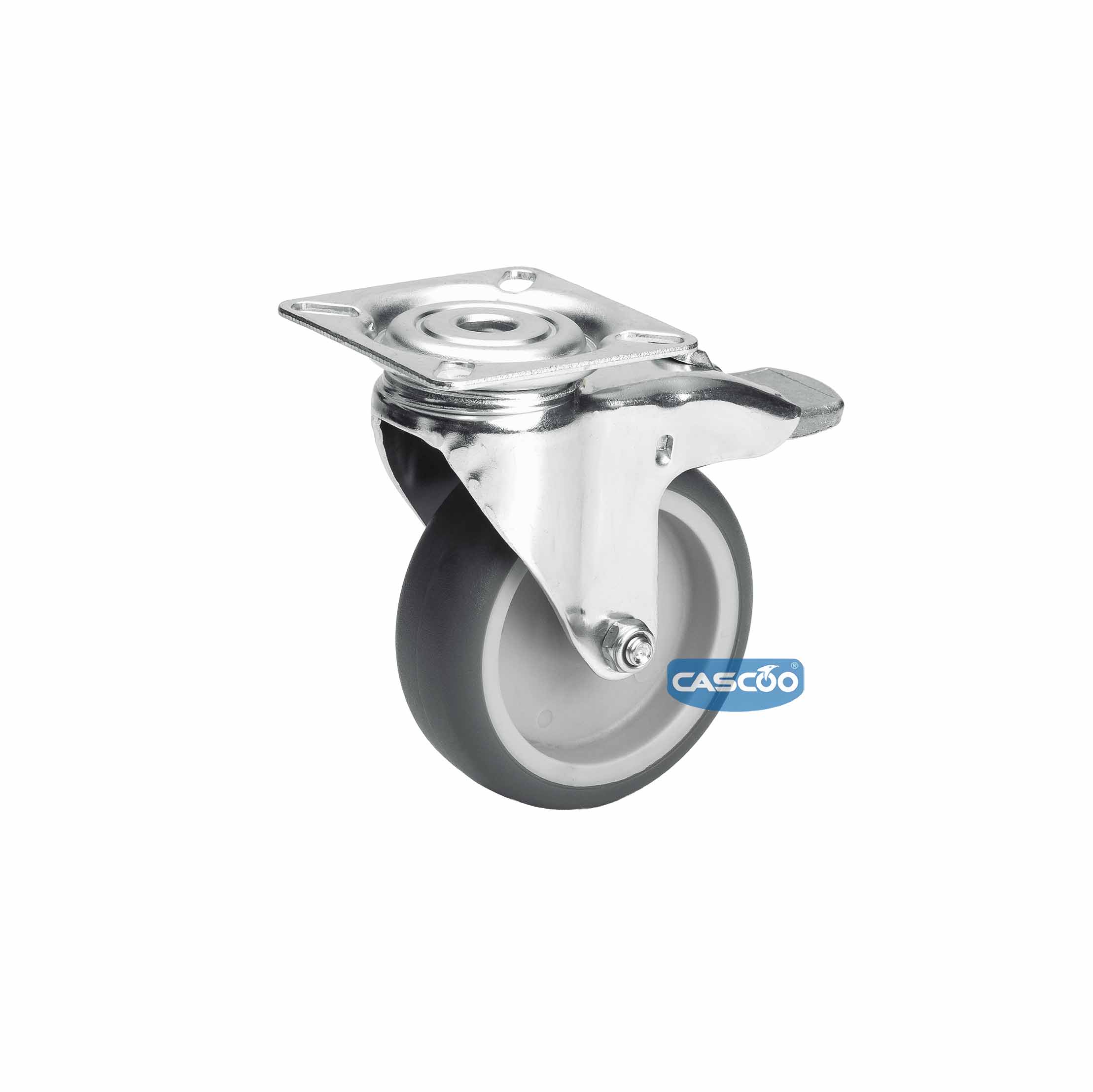Колесо CASCOO поворотное с тормозом, (d=75мм, г/п=75кг) термопластичная резина / полипропилен, Германия: