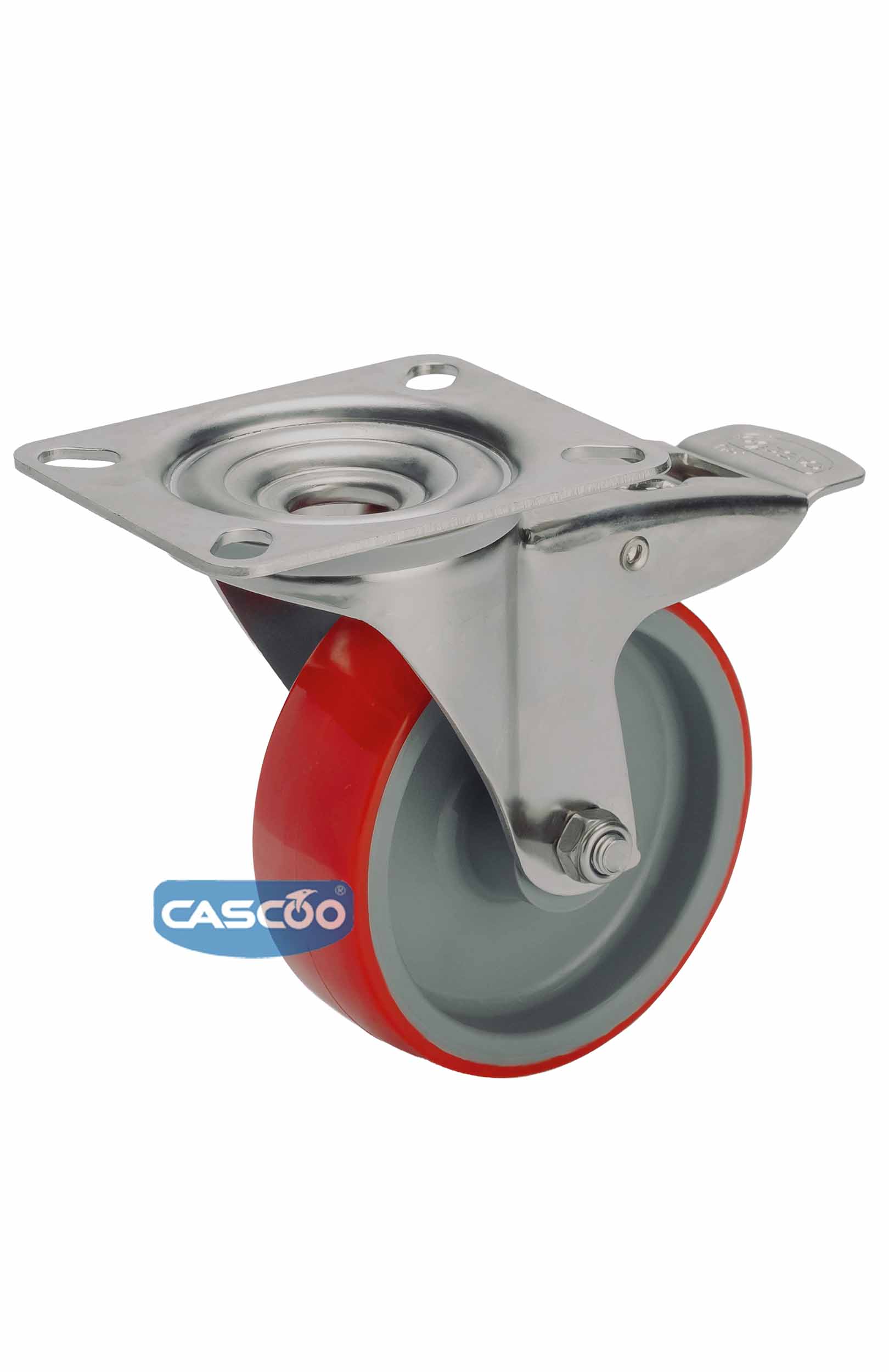 Колесо CASCOO поворотное с тормозом из нержавейки (d=100мм, г/п=150кг), полиуретан / полиамид, Германия