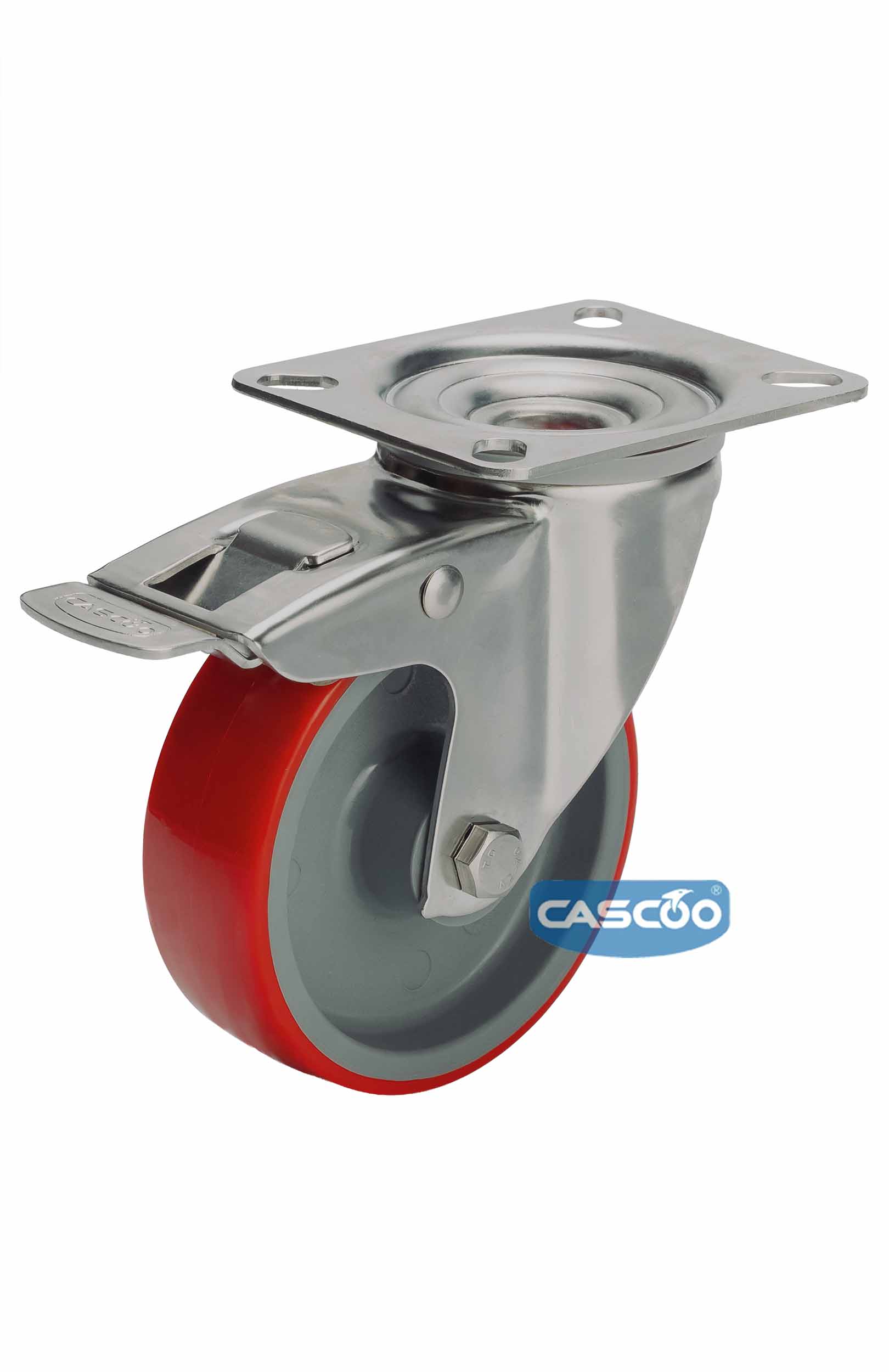 Колесо CASCOO поворотное с тормозом из нержавейки (d=100мм, г/п=150кг), полиуретан / полиамид, Германия