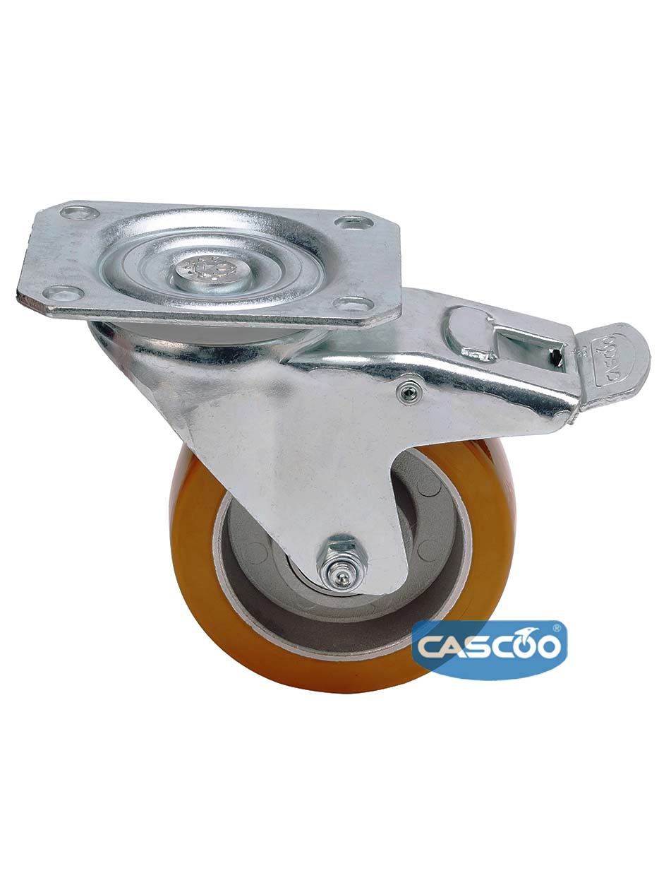 Колесо CASCOO поворотное с тормозом, (d=100мм, г/п=250кг) полиуретан/алюминий, Германия