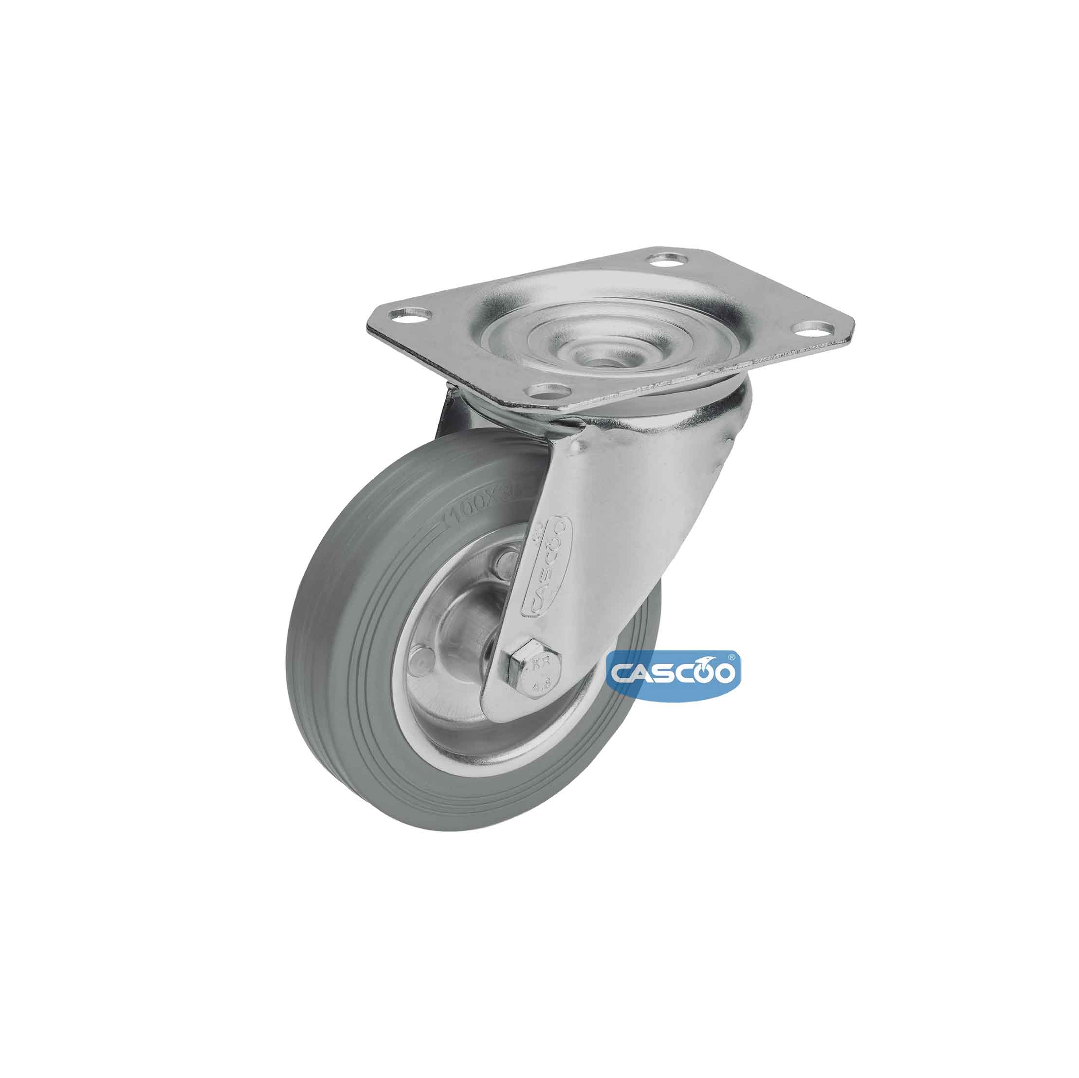Колесо CASCOO поворотное, (d=100мм, г/п=75г) серая резина/сталь, Германия