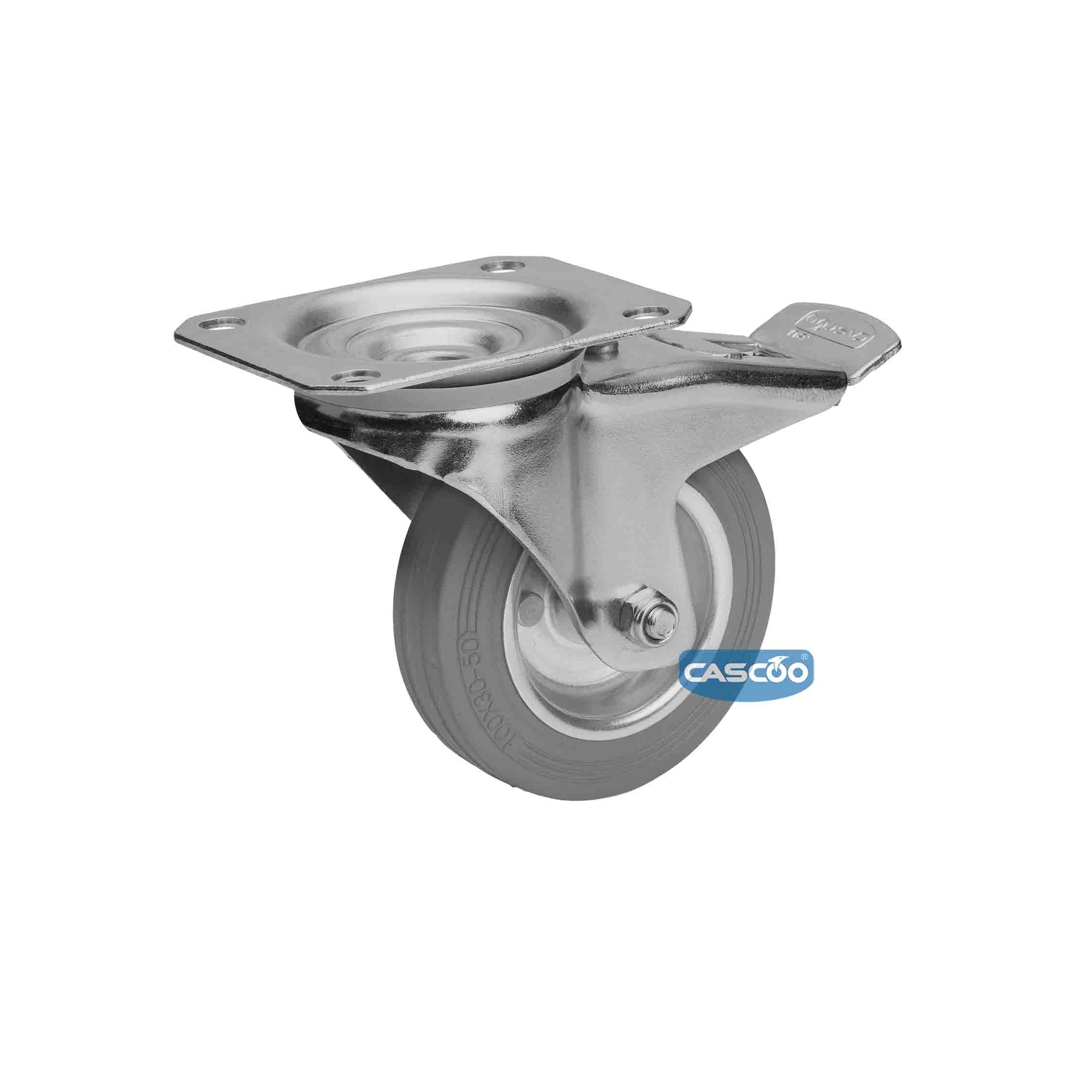 Колесо CASCOO поворотное с тормозом, (d=100мм, г/п=75г) серая резина/сталь, Германия