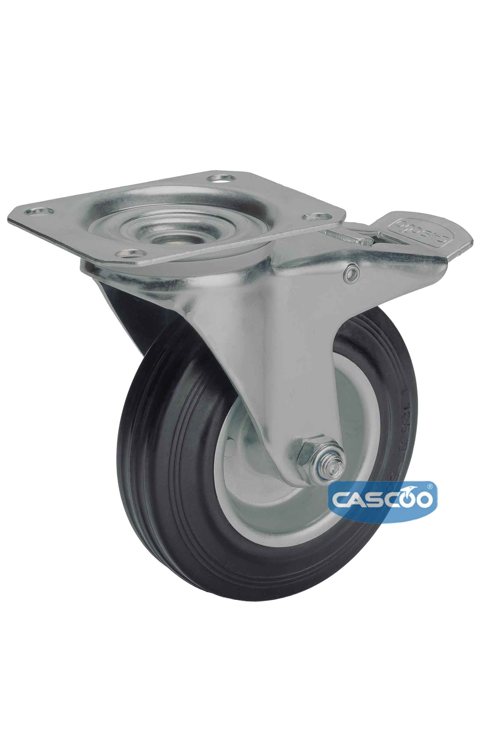 Колесо CASCOO поворотное с тормозом, (d=125мм, г/п=100кг) резина/сталь, Германия