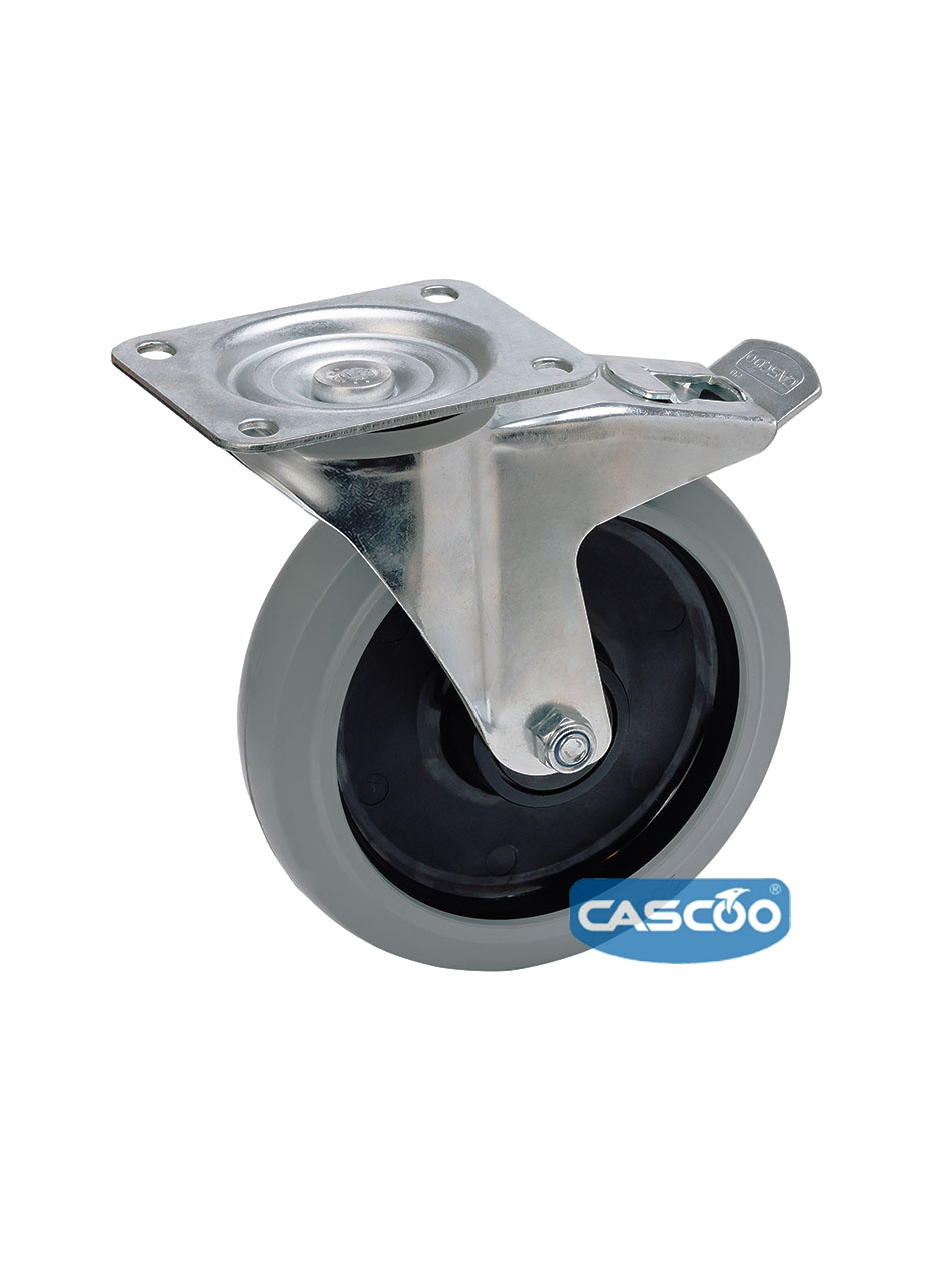 Колесо CASCOO поворотное с тормозом (d=160мм, г/п=300кг), серая резина / полиамид, Германия