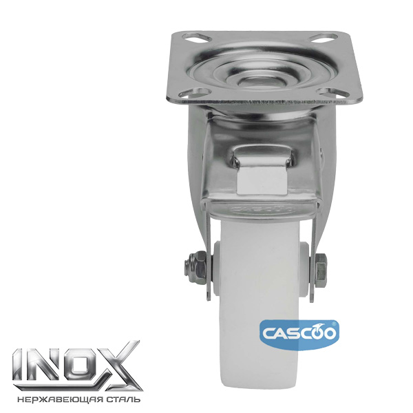 Колесо CASCOO поворотное с тормозом из нержавейки, (d=100мм, г/п=150кг) полиамид, Германия