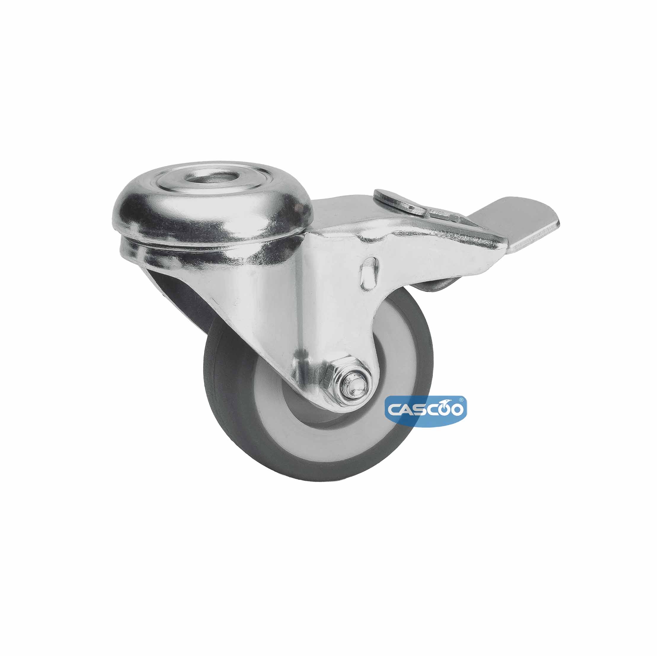 Колесо CASCOO поворотное с тормозом, (d=50мм, г/п=50кг) термопластичная резина / полипропилен, Германия