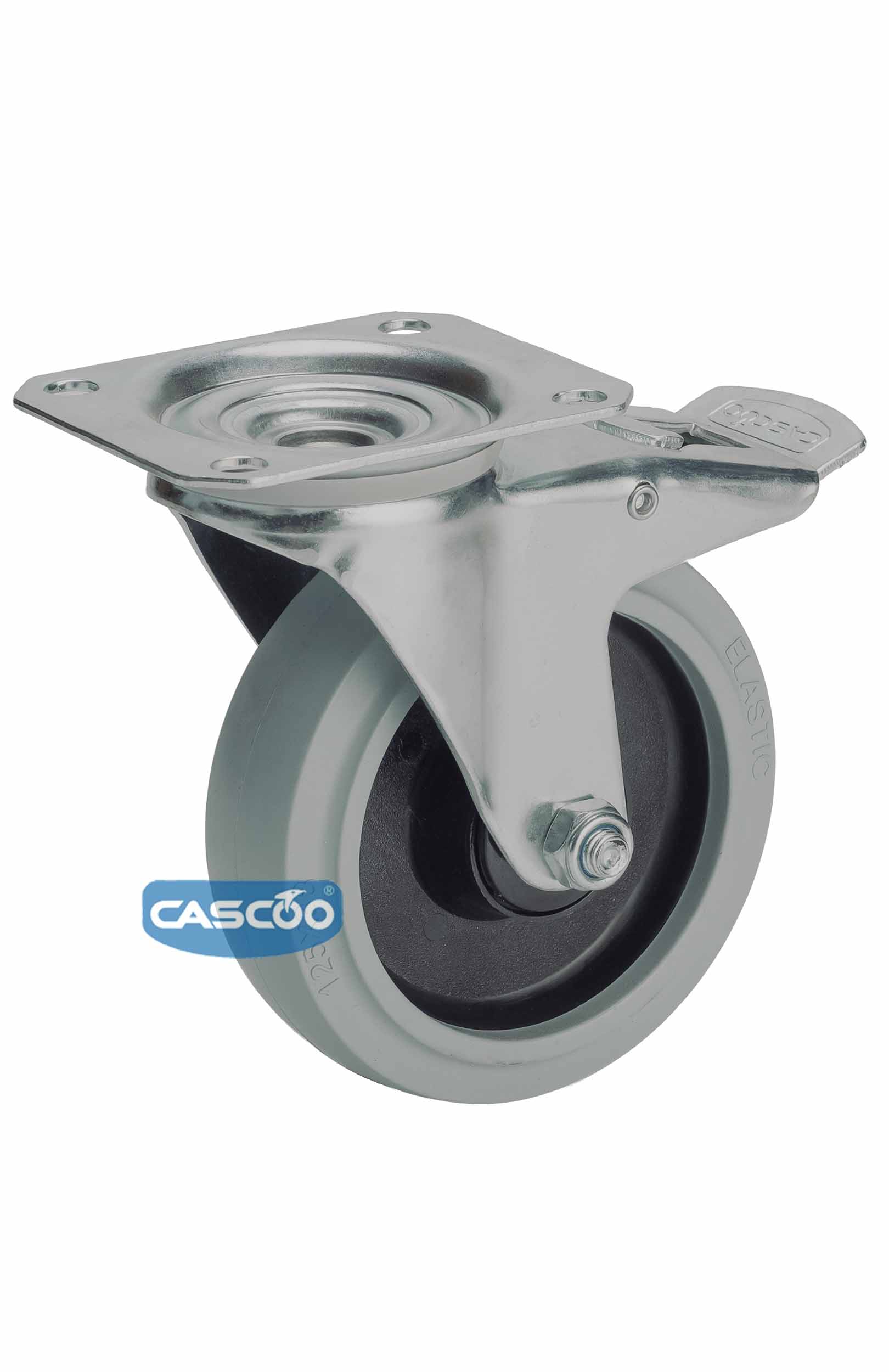 Колесо CASCOO поворотное с тормозом (d=125мм, г/п=250кг), серая резина / полиамид, Германия