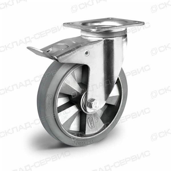 Колесо CASCOO поворотное с тормозом, (d=200мм, г/п=500кг) серая резина/алюминий, Германия