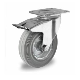 Колесо CASCOO поворотное с тормозом, (d=100мм, г/п=75г) серая резина/сталь, Германия