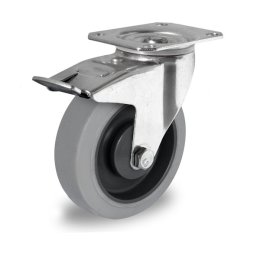 Колесо CASCOO поворотное с тормозом (d=125мм, г/п=250кг), серая резина / полиамид, Германия