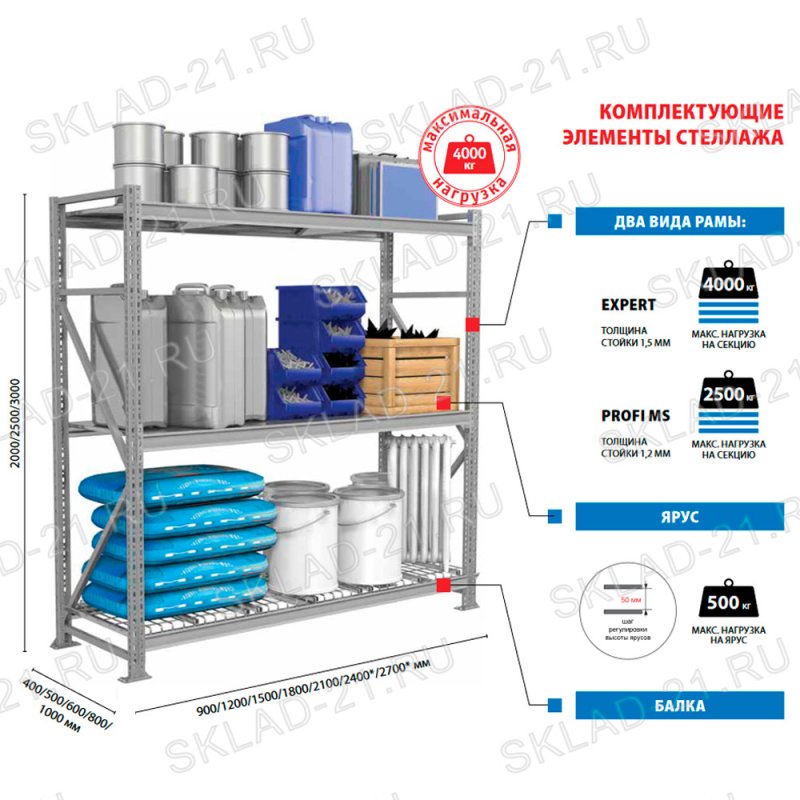 Полочный стеллаж серии MS Pro b 2100x400х2000h 4 яруса