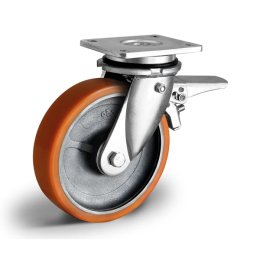 Колесо CASCOO поворотное с тормозом, (d=200мм, г/п=1000кг) полиуретан/чугун, Германия