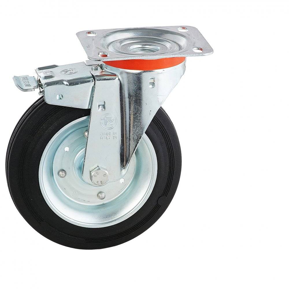 Колесо Tellure Rota 535426 поворотное с тормозом, (d=200мм, г/п=230кг) резина/сталь, Италия