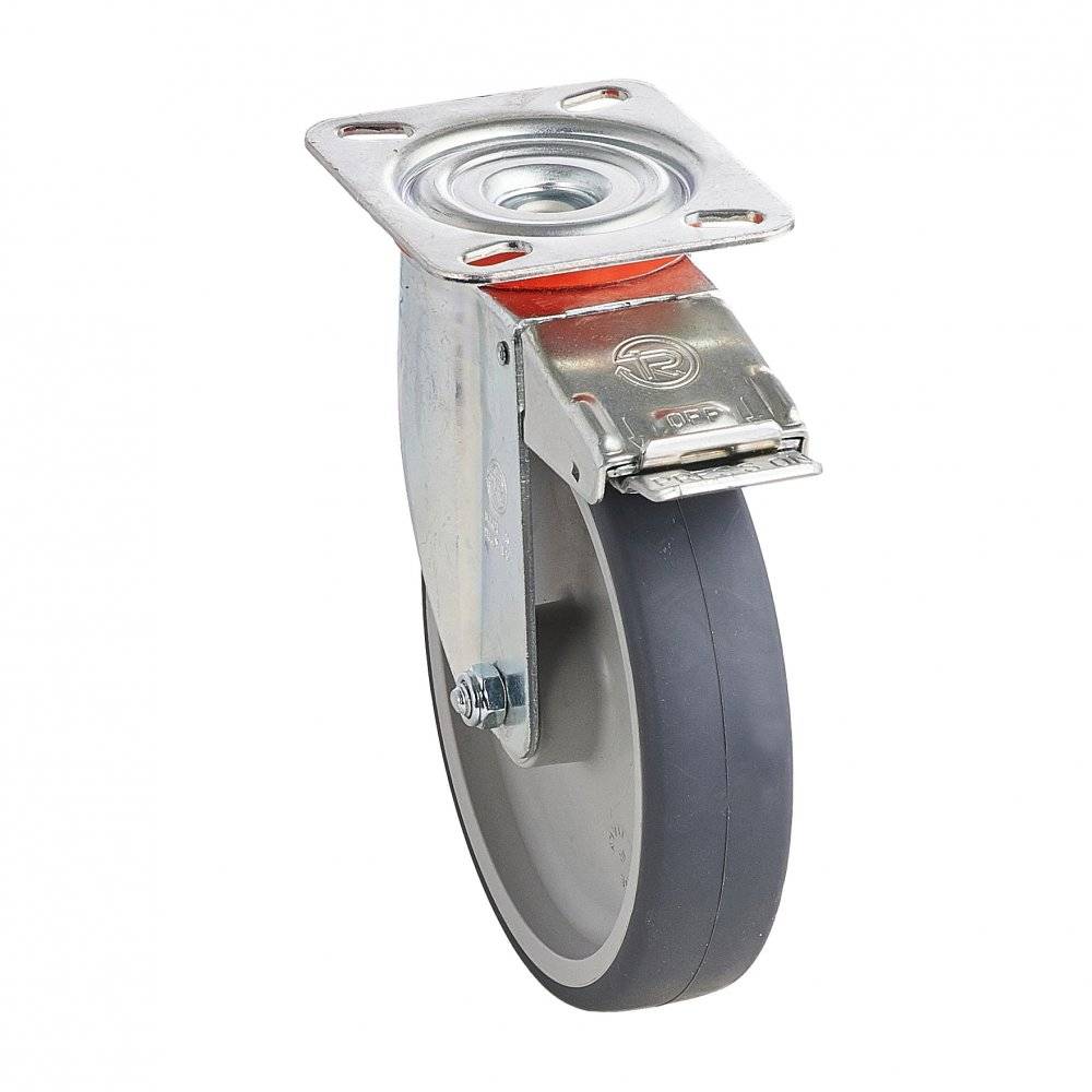 Колесо Tellure Rota 716601 поворотное с тормозом (d=80мм, г/п=70кг), серая резина / полипропилен, Италия