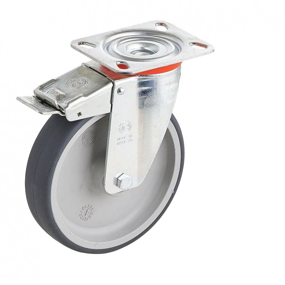 Колесо Tellure Rota 716601 поворотное с тормозом (d=80мм, г/п=70кг), серая резина / полипропилен, Италия