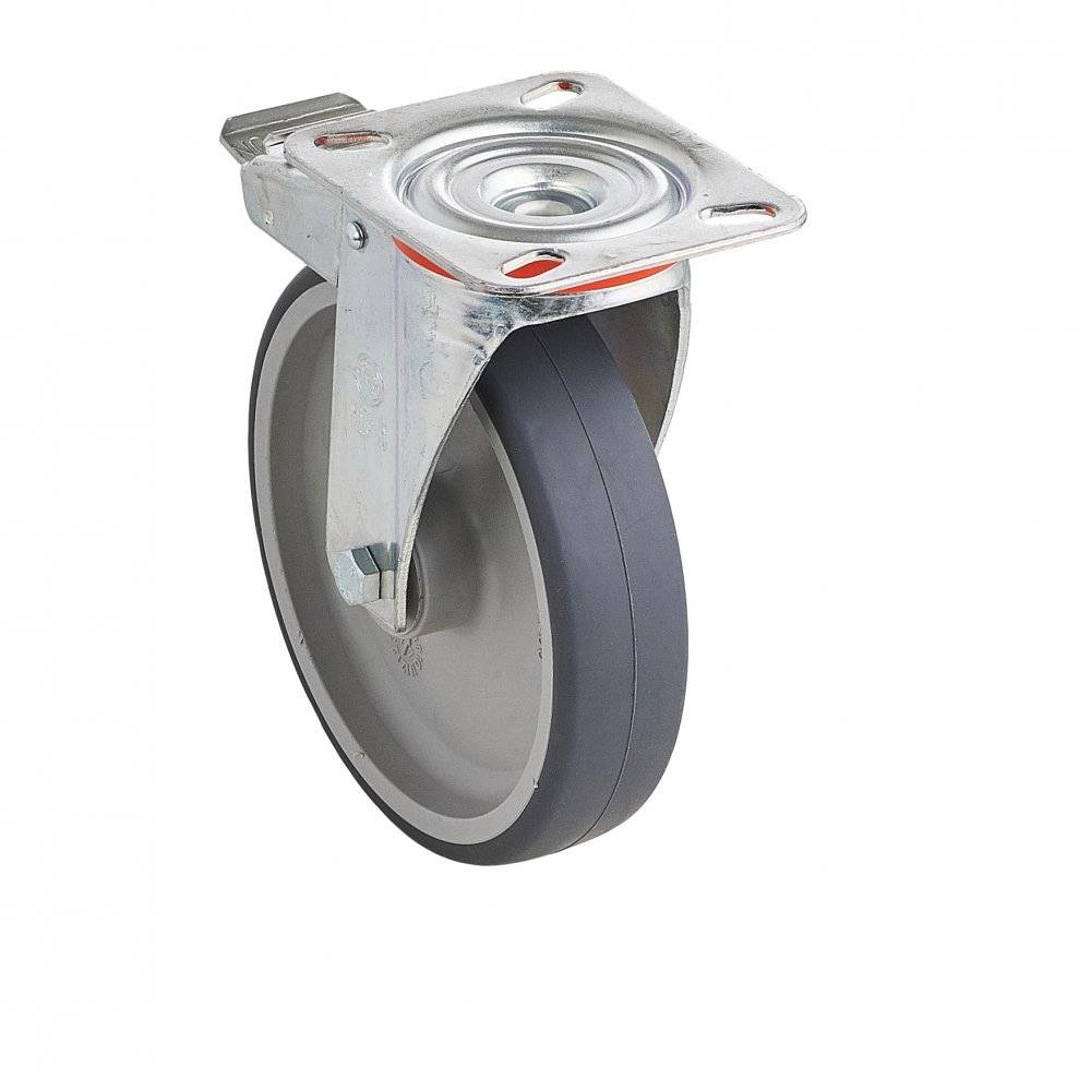 Колесо Tellure Rota 716602 поворотное с тормозом (d=100мм, г/п=100кг), серая резина / полипропилен, Италия