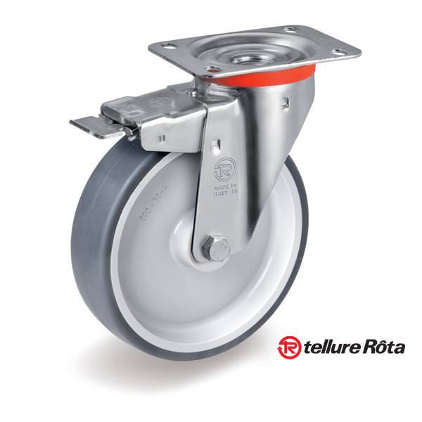 Колесо Tellure Rota 716606 поворотное с тормозом (d=200мм, г/п=225кг), серая резина / полипропилен, Италия