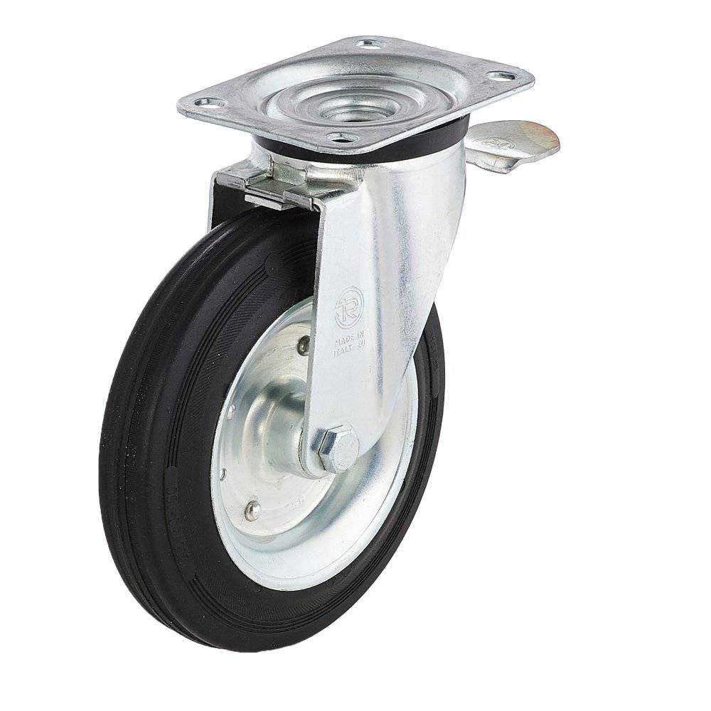 Колесо Tellure Rota 053345PVI поворотное с тормозом, (d=200мм, г/п=230кг) резина/сталь, для мусорных баков Италия