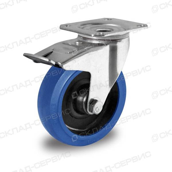 Колесо CASCOO поворотное с тормозом (d=125мм, г/п=200кг), эластичная резина / полиамид, Германия